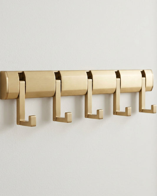 Aurt Five-Hook Folding Wall Rail 50 cm Brushed Brass Tone - Lifestyle view